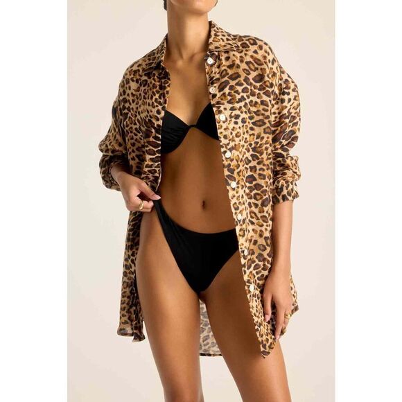 Vitamin A Women's Tan Brown Lux Leopard Playa Linen Boyfriend Shirt Medium NWOT